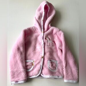 CJP baby girl’s pink hooded fleece jacket with unicorn design. Size 6-9M.